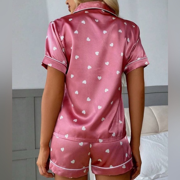 SHEIN Heart Silk Short Sleeve Top & Shorts Pajamas Set ( Valentine’s/Galantine ) - Picture 2 of 5